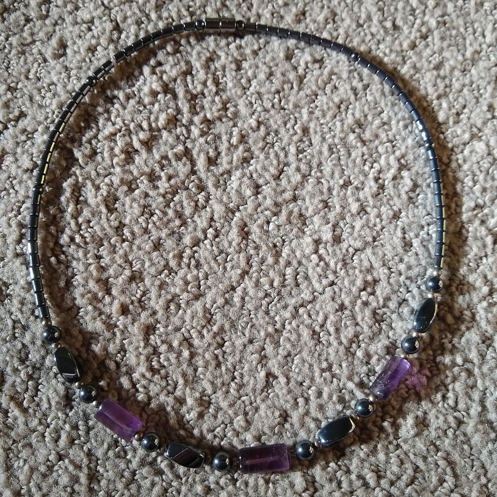 Hematite and purple quartz necklace